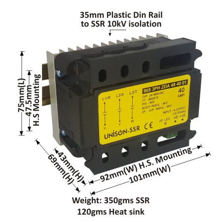 UNI 905 3PH ZDA 48 40 01 + E-75 HEAT SINK + DIN RAIL